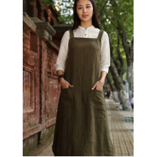 enjoysweety Linen Pinafore Dress, Linen Apron Dress, linen halter dress, Maxi Linen Dress , Green Linen Dress, Linen Wrap Dress, Layered Dress—0001