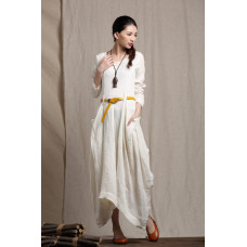 enjoysweety White Linen Dress / Ruffle Dress / Long Linen Dress / Maxi Dress / Linen Kaftan Dress / Linen Jumper / Shift Dress / Winter Dress / Shirt—0008