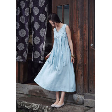 enjoysweety Blue Bridesmaid dress, Linen Boho Wedding dress, Women Formal dress, Maxi Cocktail dress, Scoop neck Prom dress floor length—0010