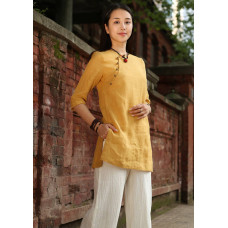 enjoysweety Linen Tunic Shirt In Yellow / Pleated Shirt / Yellow Linen Blouse / Linen Shirt, Plus Size Custom—0013