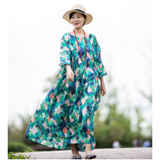 enjoysweety Oversized Loose Fitting Long Maxi Dress, Gown, Cotton and Linen Dress, Oversized Dress, Pleated Dress, Diamond  printing Dress—0031