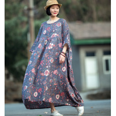enjoysweety Oversized Loose Fitting Long Maxi Dress, Gown, Cotton Dress, Oversized Dress, Pleated Dress, Retro printing Dress—0034