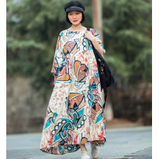 enjoysweety Oversized Loose Fitting Long Maxi Dress, Gown, Cotton Dress, Oversized Dress, Pleated Dress, Abstract printing Dress—0036