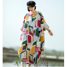 enjoysweety Oversized Loose Fitting Long Maxi Dress, Gown, Cotton Dress, Oversized Dress, Pleated Dress, Abstract printing Dress—0041