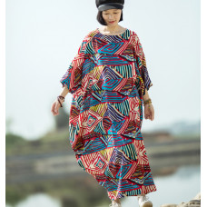 enjoysweety Oversized Loose Fitting Long Maxi Dress, Gown, Cotton Dress, Oversized Dress, Pleated Dress, Cocoon Abstract printing Dress—0042