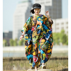 enjoysweety Oversized Loose Fitting Long Maxi Dress, Gown, Cotton Dress, Oversized Dress, Pleated Dress, Cocoon Abstract printing Dress—0043