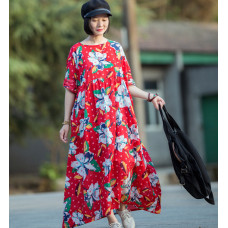 enjoysweety Oversized Loose Fitting Long Maxi Dress, Gown, Cotton Dress, Oversized Dress, Pleated Dress, Wave point printing Dress—0047