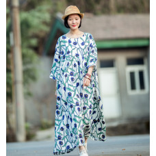 enjoysweety Oversized Loose Fitting Long Maxi Dress, Gown, Cotton Dress, Oversized Dress, Pleated Dress, Freshness printing Dress—0049