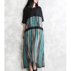 enjoysweety Linen Summer Dress, Striped stitching Dress, Short sleeve Dress, Long Dress,  Kaftan Dress, Dress—0081  