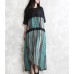 enjoysweety Linen Summer Dress, Striped stitching Dress, Short sleeve Dress, Long Dress,  Kaftan Dress, Dress—0081  