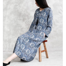 enjoysweety Linen Summer Dress, Loose Dress，Abstract Printing Dress, V collar Dress, Long Dress, Buckle Dress, Dress—0085