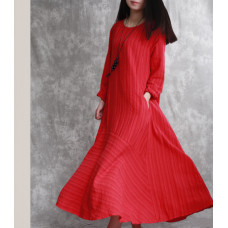 enjoysweety Linen Spring Dress, Loose Fitting Dress, Long Dress, Large pendulum Dress, Splicing Dress，Stripe Dress—0088  