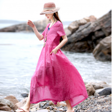 enjoysweety Linen Summer Dress, Loose-fitting Dress, Short sleeve Dress, Long Maxi Dress, Two Way Wear Dress, Loose Coat—0105