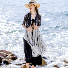 enjoysweety Linen Dress, Printing Cardigan，Loose Blouse，Folding cape, Sunscreen coat—0111