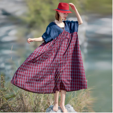 enjoysweety Oversized Loose Fitting Long Maxi Dress, Gown, Cotton and Linen Dress, Oversized Dress, Splicing Dress, Grid Dress—0112