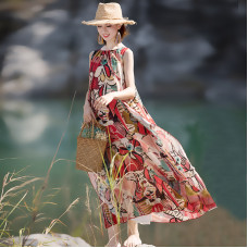 enjoysweety Loose Fitting Long Maxi Dress，Linen Dress, Casual Dress，Printing Dress, Sleeveless Dress, Summer Dress, Two Way Wear Dress—0113