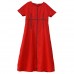 enjoysweety Loose Fitting Long Maxi Dress，Linen Dress, Casual Dress，Embroidered Dress，Summer Dress, Ramie Dress—0114