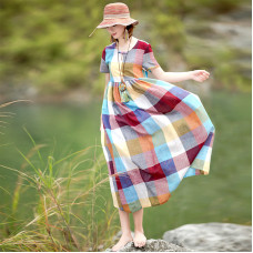 enjoysweety Loose Fitting Long Maxi Dress，Linen Dress, Cotton Dress，Casual Dress，Grid Dress，Summer Dress, Pleated Dress—0115  