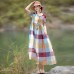 enjoysweety Loose Fitting Long Maxi Dress，Linen Dress, Cotton Dress，Casual Dress，Grid Dress，Summer Dress, Pleated Dress—0115  