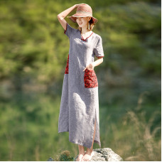 enjoysweety Loose Fitting Long Maxi Dress，Linen Dress, Cotton Dress，Casual Dress，Embroider Dress，Summer Dress, Large Pocket Dress—0116