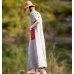 enjoysweety Loose Fitting Long Maxi Dress，Linen Dress, Cotton Dress，Casual Dress，Embroider Dress，Summer Dress, Large Pocket Dress—0116