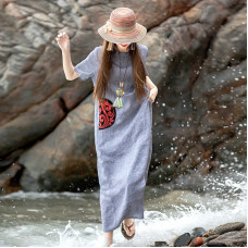 enjoysweety Loose Fitting Long Maxi Dress，Linen Dress, Cotton Dress，Casual Dress，Embroider Dress，Summer Dress, Large Pocket Dress—0117