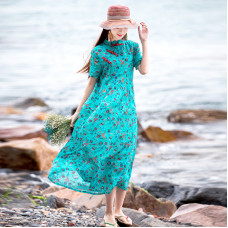 enjoysweety Linen Summer Dress, Chinese style Dress, reformed cheongsam, Long Dress, Broken Flower Dress, Ramie Dress—0118  