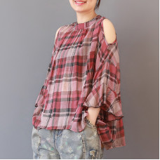 enjoysweety Women Cotton Plaid Tops，Off Shoulder Shirt，Casual Blouse, Cotton T-shirt，Asymmetrical Tops, Comfortable Linen Shirt Leisure Summer Blouse—0201  