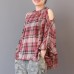 enjoysweety Women Cotton Plaid Tops，Off Shoulder Shirt，Casual Blouse, Cotton T-shirt，Asymmetrical Tops, Comfortable Linen Shirt Leisure Summer Blouse—0201  
