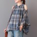 enjoysweety Women Cotton Plaid Tops，Off Shoulder Shirt，Casual Blouse, Cotton T-shirt，Asymmetrical Tops, Comfortable Linen Shirt Leisure Summer Blouse—0201  