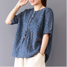 enjoysweety Women Linen Plaid Tops，Casual Blouse, Cotton T-shirt，Asymmetrical Tops，Comfortable Linen Shirt，Leisure Spring Blouse—0203  