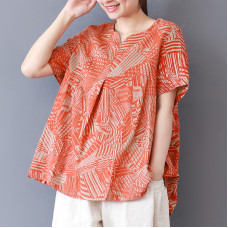 enjoysweety Women Cotton Printing Tops，Casual Blouse, Cotton T-shirt，Asymmetrical Tops，Comfortable Linen Shirt，Leisure Summer Blouse—0204