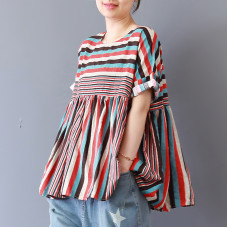 enjoysweety Women Cotton Striped Tops，Casual Blouse, Cotton T-shirt，Asymmetrical Tops，Comfortable Linen Shirt，Leisure Summer Blouse—0205  