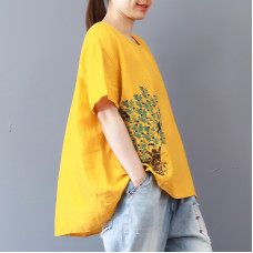 enjoysweety Women Cotton Embroidery Tops，Casual Blouse, Cotton T-shirt，Asymmetrical Tops，Comfortable Linen Shirt，Leisure Summer Blouse—0206  