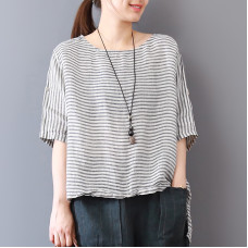 enjoysweety Women Linen Striped Tops，Casual Blouse, Cotton T-shirt，Asymmetrical Tops，Comfortable Linen Shirt，Leisure Summer Blouse—0211  