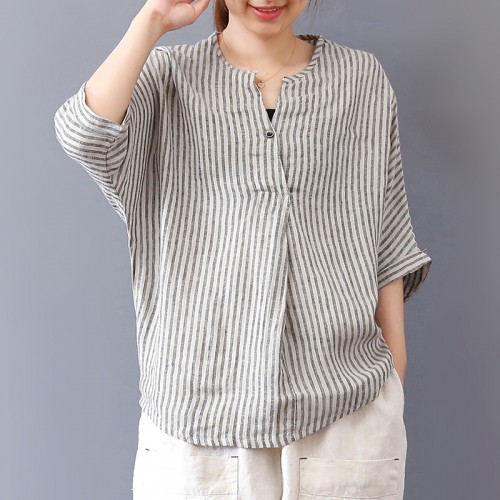 enjoysweety Women Cotton Striped Tops，Casual Blouse, Cotton T-shirt，Asymmetrical Tops，Comfortable Linen Shirt，Leisure Spring Blouse—0212  
