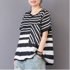 enjoysweety Women Linen Striped Tops，Casual Blouse, Cotton T-shirt，Asymmetrical Tops，Comfortable Linen Shirt，Leisure Summer Blouse—0213  