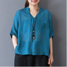 enjoysweety Women Linen V Neck Tops，Casual Blouse, Cotton T-shirt，Asymmetrical Tops，Comfortable Linen Shirt，Leisure Summer Blouse—0214