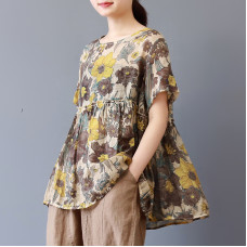 enjoysweety Women Cotton Floral Tops，Casual Blouse, Cotton T-shirt，Asymmetrical Tops，Comfortable Linen Shirt，Leisure Summer Blouse—0215