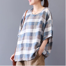 enjoysweety Women Linen Plaid Tops，Casual Blouse, Cotton T-shirt，Asymmetrical Tops，Comfortable Linen Shirt，Leisure Summer Blouse—0219