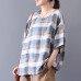 enjoysweety Women Linen Plaid Tops，Casual Blouse, Cotton T-shirt，Asymmetrical Tops，Comfortable Linen Shirt，Leisure Summer Blouse—0219