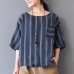 enjoysweety Women Linen Striped Tops，Casual Blouse, Cotton T-shirt，Asymmetrical Tops，Comfortable Linen Shirt，Leisure Summer Blouse—0223