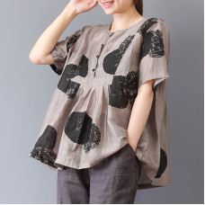 enjoysweety Women Linen Printing Tops，Casual Blouse, Cotton T-shirt，Asymmetrical Tops，Comfortable Linen Shirt，Leisure Summer Blouse—0225  