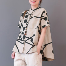 enjoysweety Women Linen Printing Tops，Casual Blouse, Cotton T-shirt，Asymmetrical Tops，Comfortable Linen Shirt，Leisure Summer Blouse—0227  