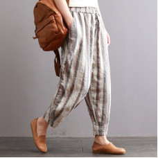 enjoysweety Women Cropped Pants，Elastic Waist Pants，Linen Pants，Leisure Pants，Casual Pants，Harem Pants，Wide Leg Pants，Striped Trousers—0303