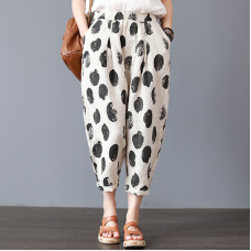 enjoysweety Women Cropped Pants，Elastic Waist Pants，Linen Pants，Leisure Pants，Casual Pants，Harem Pants，Wide Leg Pants，Wave point Trousers—0304