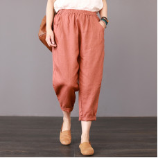 enjoysweety Women Cropped Pants，Elastic Waist Pants，Cotton Pants，Leisure Pants，Casual Pants，Harem Pants，Wide Leg Pants，Solid Color Trousers—0305  