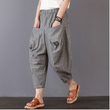 enjoysweety Women Cropped Pants，Elastic Waist Pants，Linen Pants，Cotton Pants，Leisure Pants，Casual Pants，Harem Pants，Wide Leg Pants，Big pocket Pants，Striped Trousers—0307  