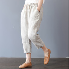 enjoysweety Women Cropped Pants，Elastic Waist Pants，Cotton Pants，Linen Pants，Leisure Pants，Casual Pants，Harem Pants，Wide Leg Pants，Beige Trousers—0305
