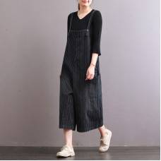 enjoysweety Women Leisure Cotton Jumpsuits, Comfortable Pants，Stripe Overalls, Wide Leg Pants，Loose Cropped Pants，Harem Pants With Pockets，Cotton Trouser - 0310